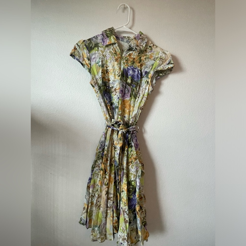 Floral Short-Sleeve Belted Shirt Dress - Multicolor